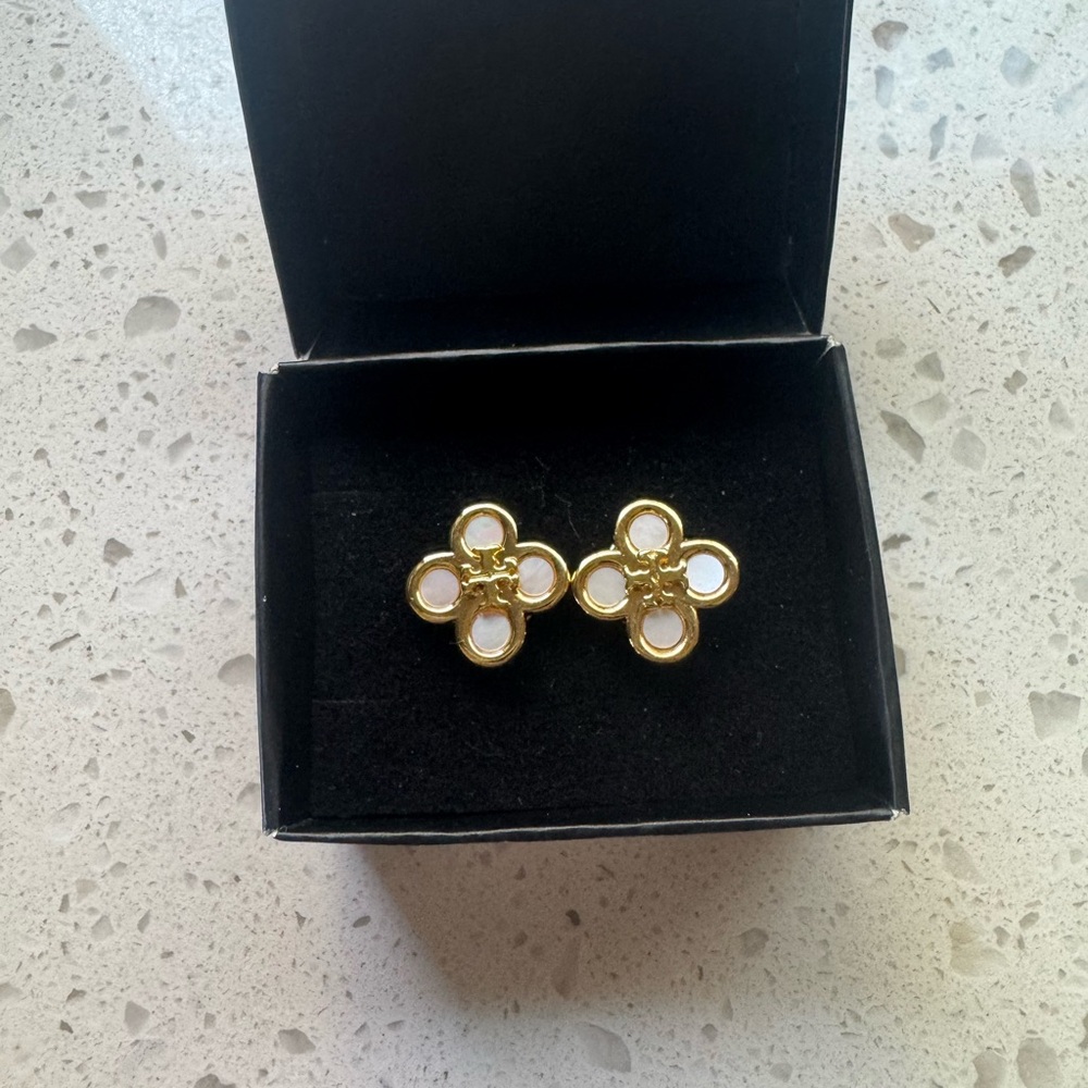 Tory Burch Gold and White Clover Stud Earrings